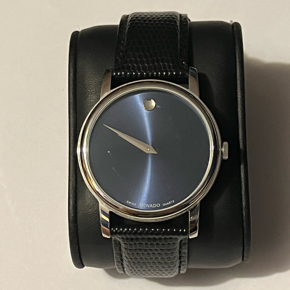 Movado Blue Museum Watch Black Leather Band